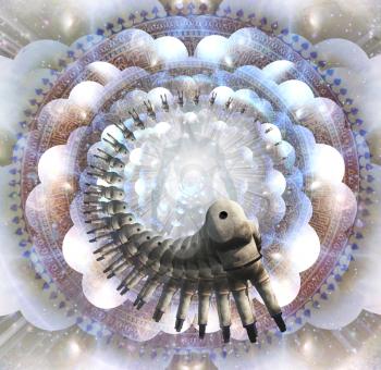 Shining aura and rays of light. Mandala. Spiral of astronaut's figure