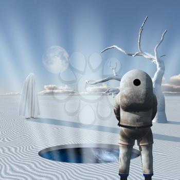 Astronaut stands in surreal white desert. Mystic figure in white clothes