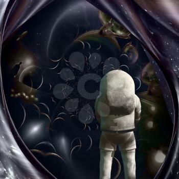 Through the wormhole. Astronaut before warped space