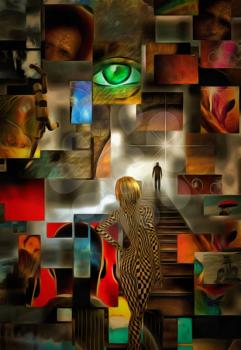 Complex surreal painting. Square elements. Green eye. Woman in chessboard pattern