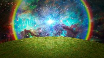 Energy burst over green field. Vivid galaxy