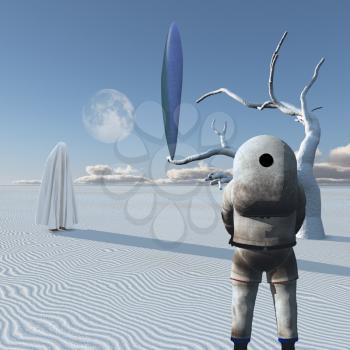 Visitors from another worlds. Astronaut and UFO in surreal desert