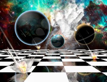 Surreal composition. Asteroids strikes chessboard in the Universe. Paper man is falling. 3D rendering