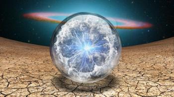 Life capsule. Splash of clouds and lightnings inside crystal ball. Galaxy disk on a background