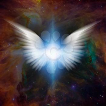 Surreal digital art. Bright star with white angel's wings in vivid colorful universe