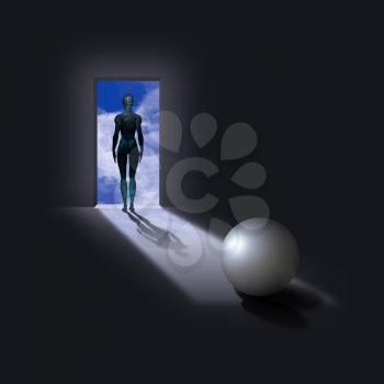 Pearl like sphere with cyborg woman figure in doorway