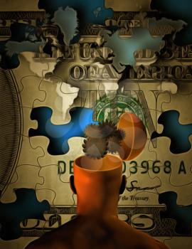 Surreal painting. Puzzle made of US dollar. Figure of man with gears inside head