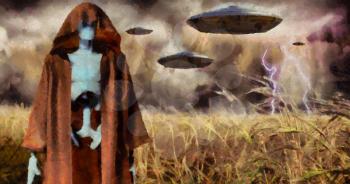 Alien invasion. UFO flies over field. Digital painting