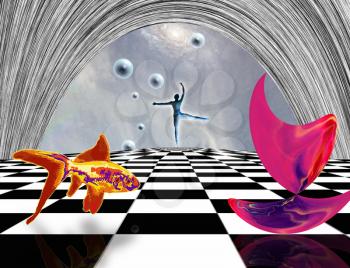 Surreal composition. Pink matter on chessboard, dancer and golden fish