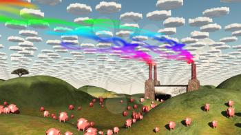 Surreal landscape with factory and pigs moving toward factory