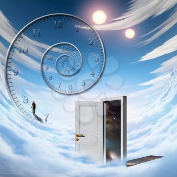 Surrealism. Spiral of time. Lonely man in a distance. Opened door to another dimension