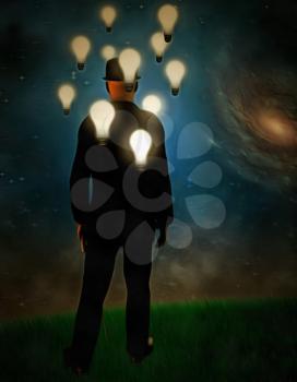 Bright ideas. Light bulbs hovers over man head