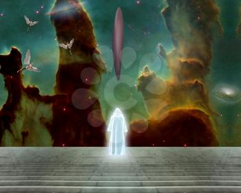 Surreal landscape. Shining human spirit and UFO. Spacecrafts and angels in vivid sky. White monk