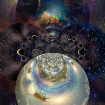 Vivid Universe. Fractal of endless dimensions and fairy sail ship