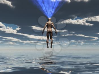Man radiates light from mind over water