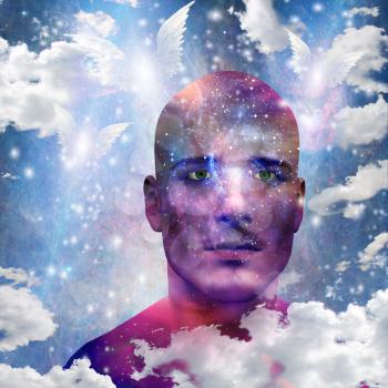 Mans head with stars and clouds. Its made of Stars