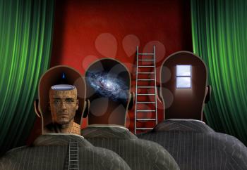 Surreal composition. Men stands before green curtains. Different thoughts inside their heads
