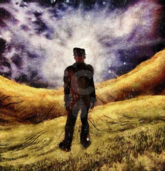 Surreal painting. Man in suit stands in field