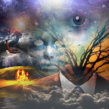 Surrealism. God's eye, eagle, fire and clouds. Suit and branches of a tree