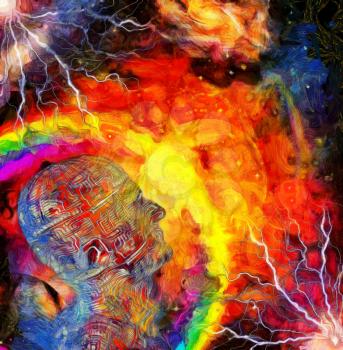 Surreal painting. Transparent head with electric circuit pattern.  Colorful universe with rainbow and lightnings
