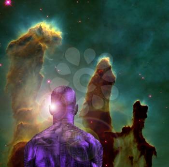 Surreal digital art. Naked man with electric circuit pattern on his skin stands before horse nebula in deep space. 3D rendering. Some elements provided courtesy of NASA.