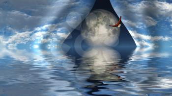 Surreal digital art. Eagle flies over water surface. Giant moon behind curtains of sky.