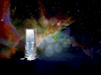 Open door with sky and water ripples reflections in deep space Some elements provided courtesy of NASA