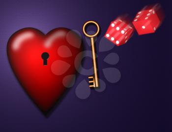 3d render. Heart with keyhole. Golden key and dice.