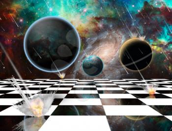 Surreal composition. Armageddon. Asteroids destroy planets. Chessboard in the Universe. 3D rendering