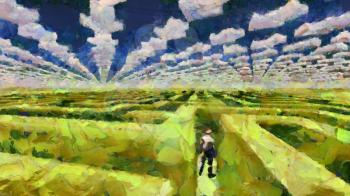 Surreal painting. Man stands in maze. Clouds in shape of arrows in the sky.