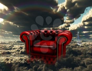 Red lether armchair in a clouds.
