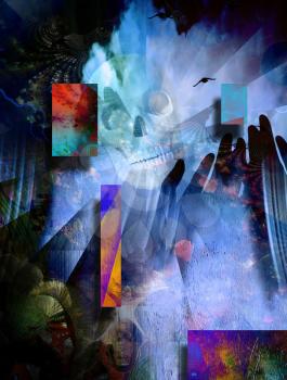 Surreal composition. Human skull and praying hands.