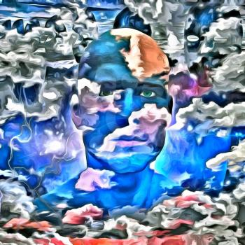 Surreal digital art. Man's head in cloudy sky.