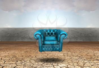 Surreal digital art. Blue armchair hovers above barren cracked land.