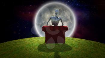 Surreal composition. Rusted alien sits in red armchair and observer bright moon. 3D rendering