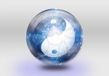 Yin Yang symbol is contained inside of glass sphere. 3D rendering