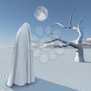 Figure in white hijab stands in surreal white desert.