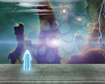 White monk in surreal landscape. All seeing eye in vivid nebulous sky