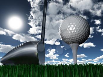 Golf club and ball. Sunny day