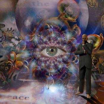 Thinking man in suit. Eye in endless surreal space