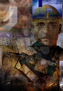 Abstract composition. Man face with puzzle pattern