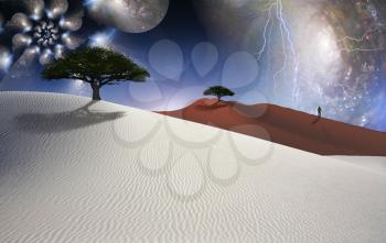 White desert. Green trees. Figure of man in a distance. Multilayered spaces. 3D rendering