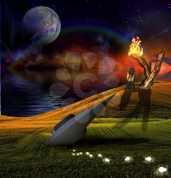 UFO crash in coastal landscape and giant bionic hand with electronic circuit patterns on fire. Trail of light bulbs symbolize ideas. 3D rendering