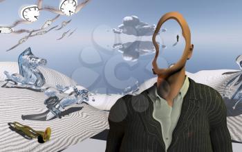 Surreal desert with chess figures and trumpet. Faceless man in suit and winged clocks. Figure of man in a distance. 3D rendering