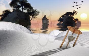 Surreal white desert with hourglass. Beautiful sunset over islands. 3D rendering