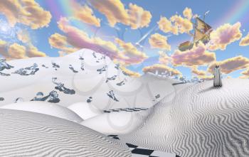 Surreal desert with chess figures. Figure in cloak. Ancient ship in the sky. 3D rendering