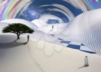 Figure in cloak stands in desert. Man in a distance. Green tree. Colorful clouds. 3D rendering