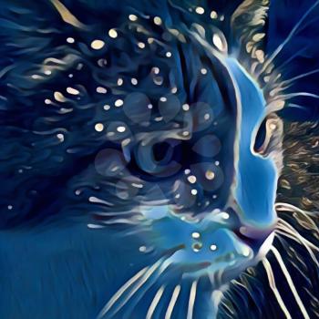 Blue cat. Modern digital painting. 3D rendering