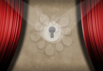 Spotted keyhole on the stage wall with red curtains. 3D rendering