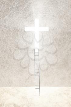 Ladder leads to bright cross. 3D rendering